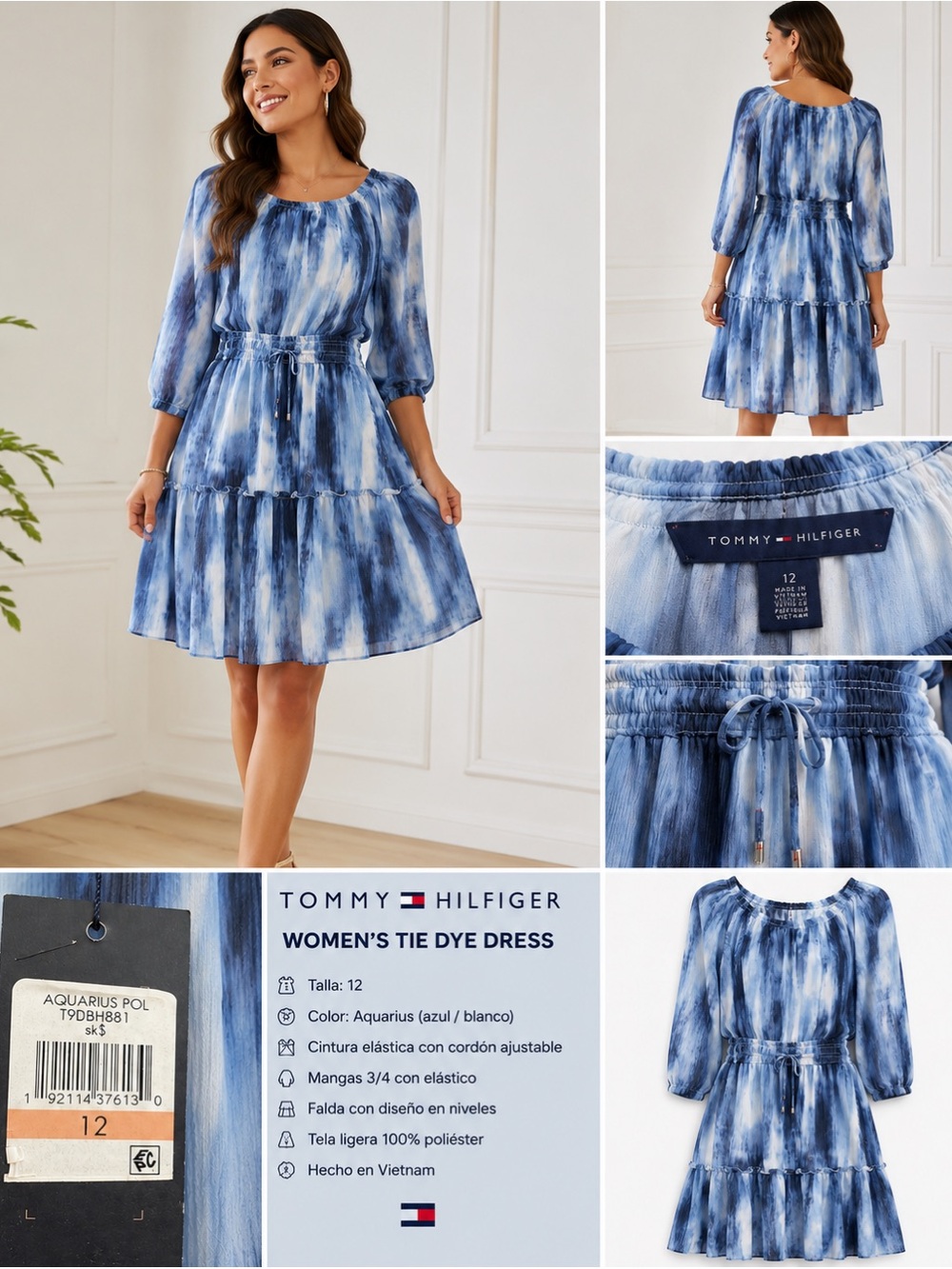 Tommy Hilfiger Blue and White Tie-Dye Tiered Midi Dress